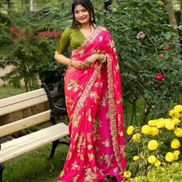 Mitera Pink & Green Floral Embroidered Pure Georgette Saree-image-34