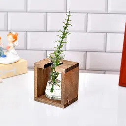 TAYHAA Brown & Transparent Glass Vase With Wooden Stand-image-26