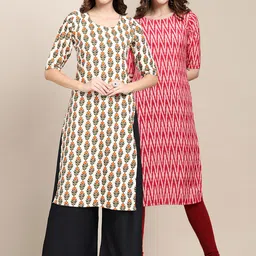 KALINI Women Red & Beige Ethnic Motifs Printed Crepe Pack of 2 Kurtas-image-96