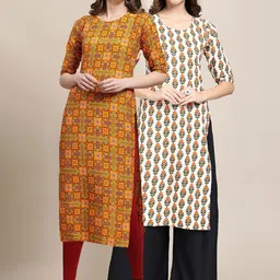 KALINI Women Set Of 2 Mustard Yellow & White Ethnic Motifs Printed Crepe Kurta-picture-14