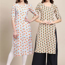 KALINI Pack Of 2 Women Grey & Beige Ethnic Motifs Printed Summer Sheers Crepe Kurta-picture-13