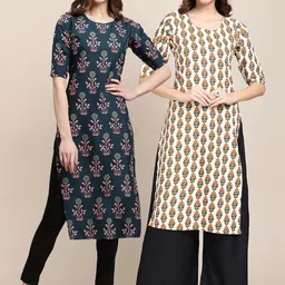 KALINI Women Pack of 2 Teal & Beige Printed Crepe Kurta-image-44
