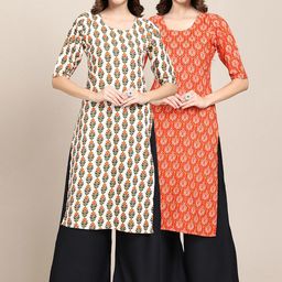 KALINI Women's Crepe Beige & Orange Color Ethnic Motifs Printed Straight Kurta (PACK OF 2)-picture-16