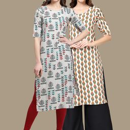 KALINI Women Grey & Beige Ethnic Motifs Printed Block Print Handloom Straight Kurta-picture-31