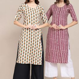 KALINI Women Pack Of 2 Cream-Coloured & Purple Floral Printed Crepe Kurta-image-65