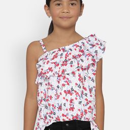 Gini and Jony Girls White & Red Floral Print Ruffled One-Shoulder Top-28