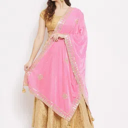 Clora Creation Pink & Gold-Toned Embroidered Velvet Dupatta with Beads and Stones-12