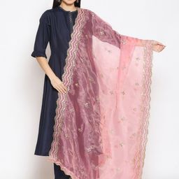 Dupatta Bazaar Rose & Gold-Toned Ethnic Motifs Embroidered Sequinned Organza Dupatta-2