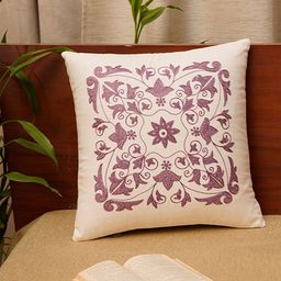 ZEBA Off White & Purple 16" x 16" Embroidered Square Cushion Covers-15