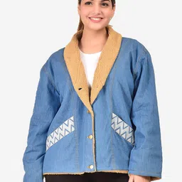 SUMAVI-FASHION Shawl Collar Denim Jacket With Embroidery-13