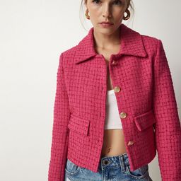 Happiness istanbul Textured Spread Collar Long Sleeves Cotton Tailored Jacket-92