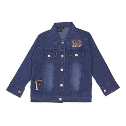 CREMLIN CLOTHING Girls Blue Cotton Washed Denim Jacket with Embroidered-image-11