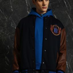 Breakbounce Navy Blue Mock Collar Longline Bomber Jacket with Embroidered-12