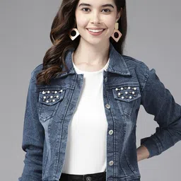 BAESD Women Washed Windcheater Crop Denim Jacket with Embroidered-32