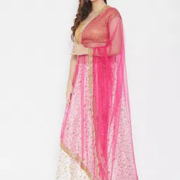 Clora Creation Pink & Gold-Toned Ethnic Motifs Embroidered Net Dupatta with Beads & Stones image 4