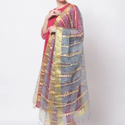 Dupatta Bazaar Grey & Peach-Coloured Embroidered Organza Dupatta with Gotta Patti image 5
