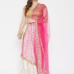 Clora Creation Pink & Gold-Toned Ethnic Motifs Embroidered Net Dupatta with Beads & Stones image 3