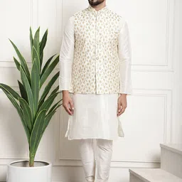 SOJANYA Men Off-White & Golden Solid Kurta & Churidar with Embroidered Nehru Jacket-28