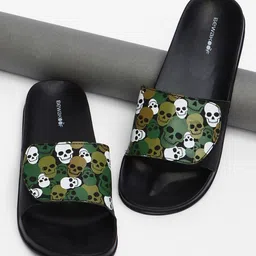 Bewakoof Men Black & Green Camouflage Skulls Printed Sliders-picture-21