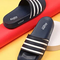 WELCOME Men Navy Blue Striped Sliders-19