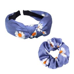 Yellow Chimes Girls Set of 2 Blue & White Floral Printed Satin Hairband & Scrunchie-5