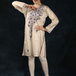 Exotic India Floral Embroidered Round Neck Aari Work Pure Silk Kurti-image-42