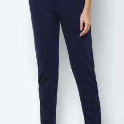Women Solid Dark Blue Track Pants-image-2