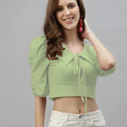 Casual Balloon Sleeve Solid Women Green Top-image-56