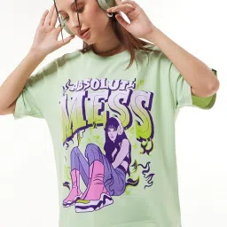 Oversized Women Graphic Print Round Neck Cotton Blend Green T-Shirt-image-5