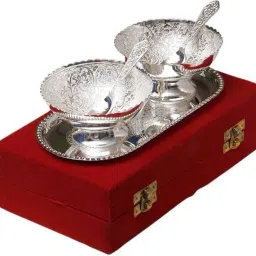 Silver Plated Embossed Design 2 Desert Bowl with 2 Spoon & 1 Tray (5 Pieces) Silver Plated Bowl Set (Silver, Pack of 5) Bowl, Spoon, Tray Serving Set-3