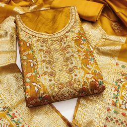 KALINI Floral Woven Design Beads And Stones Jacquard Unstitched Dress Material-image-7