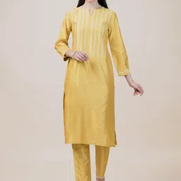 BARARA ETHNIC Striped Embroidered Notch Neck Straight Kurta With Trousers-picture-48