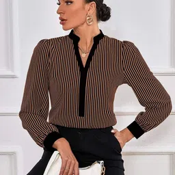 Stylecast X Slyck Vertical Striped Mandarin Collar Top-image-8