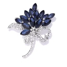 DressBerry Women Silver-Toned Navy Blue & White Stone-Studded Statement Brooch-19