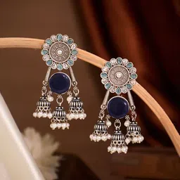 NAMAN ARTS Silver-Plated Artificial Stones Studded & Beaded Oxidised Dome Shaped Jhumkas-picture-3