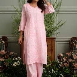 House of Pataudi Floral Embroidered Notch Neck Chikankari Straight Kurta With Palazzo-picture-7