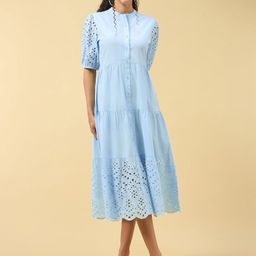 Outzidr Women Puff Sleeve Fit and Flare Midi Dress-picture-44