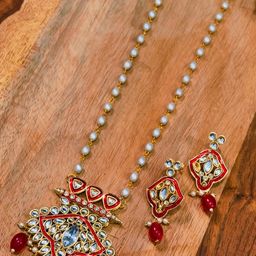 eeooaa Women Red And White Artificial Stones and Beads Gold-Plated Meenakari Jewellery Set-image-98
