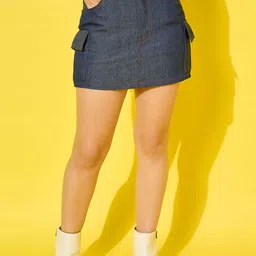 DIMPY GARMENTS Women High Waist Straight Cargo Mini Denim Skirt-image-37