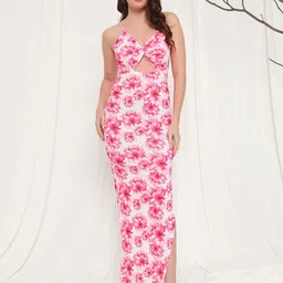 TANDUL Women Floral Printed Cut-Outs Slit Detail Maxi Dress-image-17