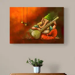 Tushaco Handicrafts Orange & Green Lord Ganesha Canvas Religious Wall Art-image-85