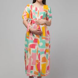 Zuvino Print Puff Sleeve Maternity Fit & Flare Midi Dress-image-95