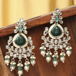 fabula Engraved Jaipur Kundan Studded & Pearls Beaded Teardrop Shaped Drop Earrings-15