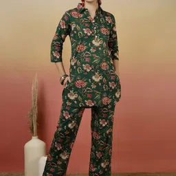 GLAM ROOTS Printed Shawl Neck Pure Cotton Tunic With Trousers-image-63