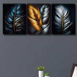 SAF Black & Blue 3 Piece Floral And Botanical Wing Wood Wall Art-41