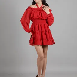 DRAPE AND DAZZLE Women Off-Shoulder Puff Sleeve Fit & Flare Dress-picture-58