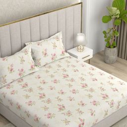 Pure Decor White & Pink Floral 130 TC Queen Bedsheet with 2 Pillow Covers-picture-46