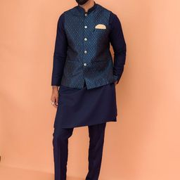 KISAH Straight Kurta with Trousers & Woven Design Nehru Jacket-image-93