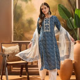 Sangria Women's Blue Lehariya Printed & Embroidered Cotton Straight Kurta Pant Dupatta Set-0