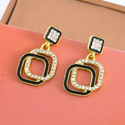 COOLWOOL Korean Gold-Plated Artificial Stones Studded Square Shaped Drop Earrings-10